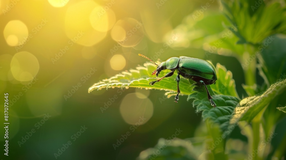 Poster beetle climbing on the edge of a leaf, its shiny exoskeleton reflecting the sunlight.