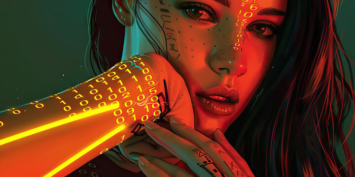 The binary code tattooed on her wrist pulses with energy, a testament to her commitment to the cyberpunk lifestyle