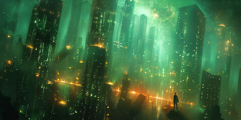 Craft a stunning scene of a bioluminescent city skyline from a low-angle view within a cubist dreamscape Utilize digital techniques to create a visually striking image that balance