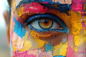 Close-up of a woman's face covered in vibrant, colorful paint