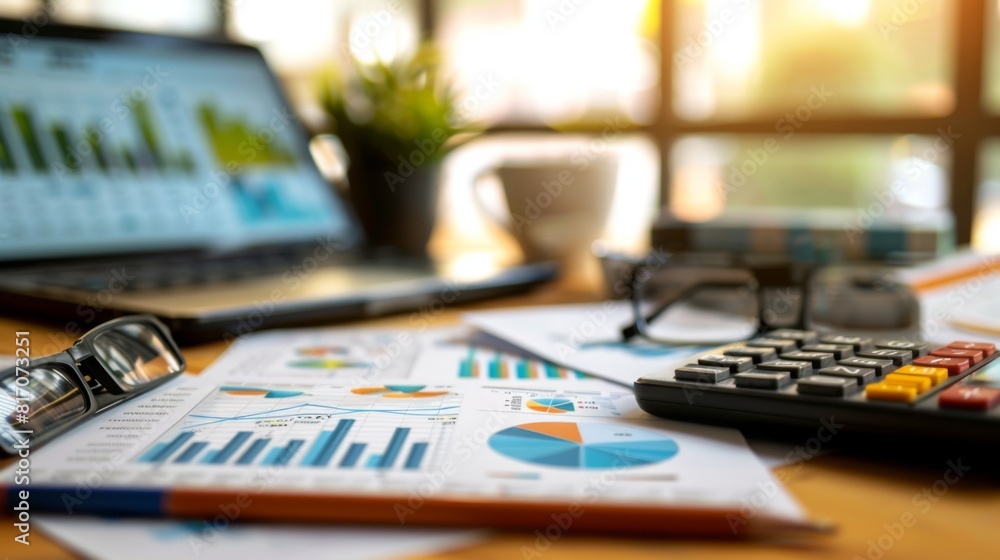 Leinwandbilder business report with a graph showing financial growth, accompanied by a calculator and notes on a de
