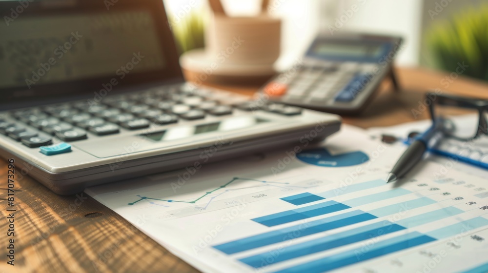 Fototapete Business report with a graph showing financial growth, accompanied by a calculator and notes on a desk.