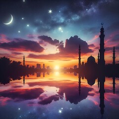 sunrise over the river. Sky night stars and moon, islamic night. Generative AI.