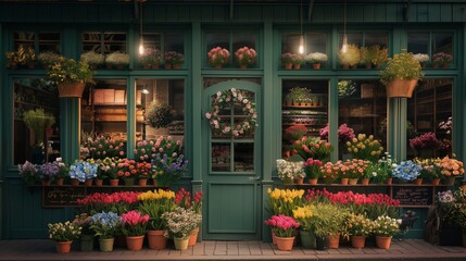 Fototapeta na wymiar facade of a flower shop, green, tulips, hyacinths