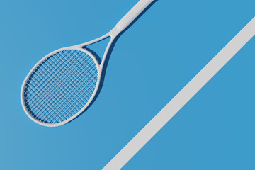 White tennis rackets on blue hard tennis court. White lines