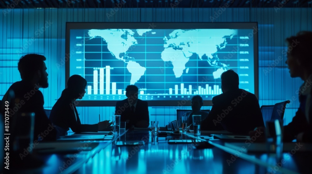 Aufkleber business team discussing a profitability graph on a large screen in a boardroom.