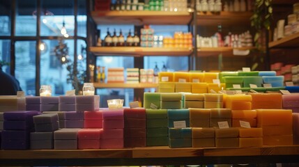 A rainbow array of artisanal soaps and candles gleam on wooden shelves backlit by windows at blue hour in an indie boutique, craftsmanship, inclusiveness, intentional design, ambient aesthetic,