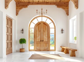 Beautiful wooden door in an arched shape, inside the house with white walls and a wood ceiling,...