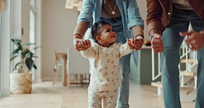 Toddler, parents and learning to walk in home, child support and motor or skill development. Family, daughter and mobility or balance in apartment, first steps and teaching milestone or love baby