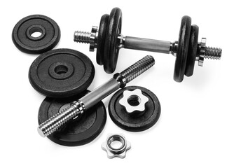 Metal dumbbell and parts on white background. Sports equipment