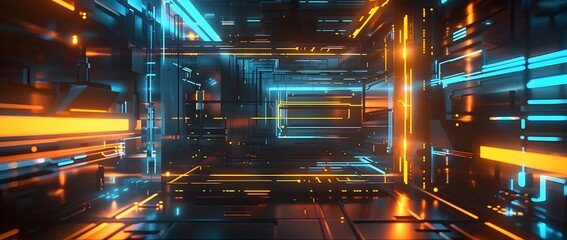 Futuristic Sci Fi Digital Corridor with Neon Lighting and Metallic Architectural Elements