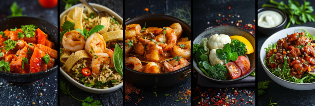 A collection of bowls arranged in a row, each containing a variety of food items. From salads to soups, the bowls showcase a diverse range of cuisine options