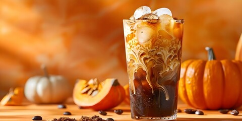 Delicious Iced Pumpkin Spice Cold Brew Coffee on Orange Background. Concept Pumpkin Spice Cold Brew, Iced Coffee, Fall Drinks, Pumpkin Season, Coffee Photography