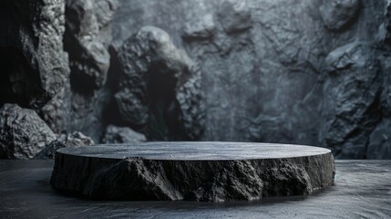 Black rock themed empty podium for exclusive launches selective focus realistic silhouette with coarse textures backdrop
