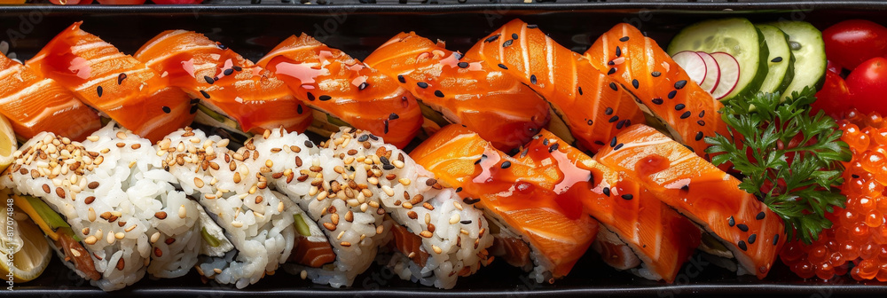 Poster closeup of a platter of salmon and sesame sushi rolls with cucumber and radish