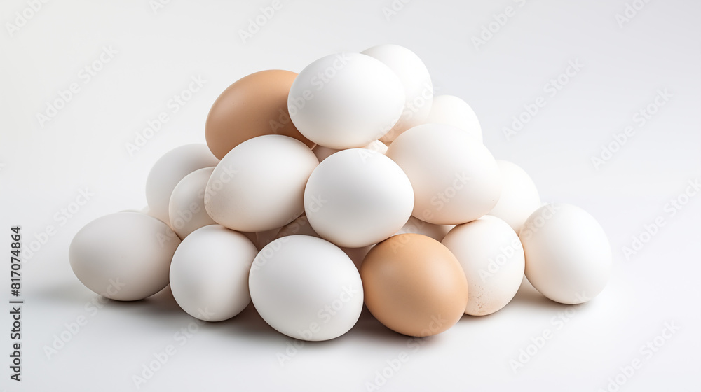 Wall mural white eggs and brown eggs pile on wooden background - Wall murals