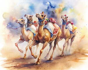 A dynamic watercolor illustration capturing the excitement of a camel race, with camels thundering down the track amidst a cloud of dust kicked up by their hooves