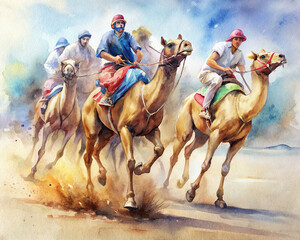 A breathtaking watercolor illustration capturing the intensity of a camel race, with camels and jockeys pushing themselves to the limit in pursuit of glory