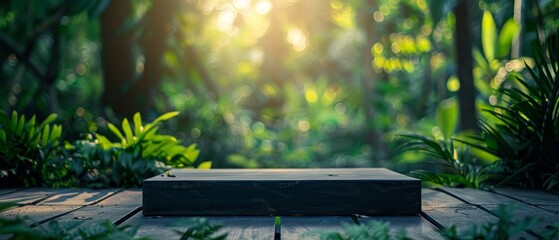 Blank podium in a forest for showcasing sustainable living selective focus vibrant silhouette with natural green backdrop