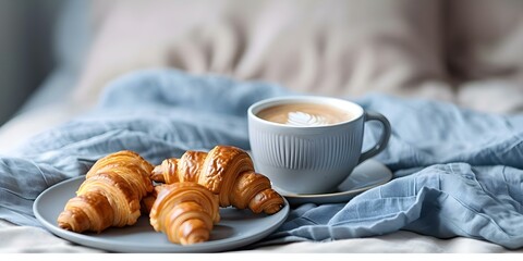 Indulge in a cozy breakfast with coffee and croissants in bed. Concept Relaxing Morning Activities, Breakfast in Bed, Coffee Enthusiasts, Croissant Lovers, Cozy Home Vibes