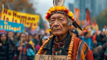 An indigenous two-spirit elder holding a sign that reads "No Human Is Illegal" at an immigrant rights rally, identity, compassion