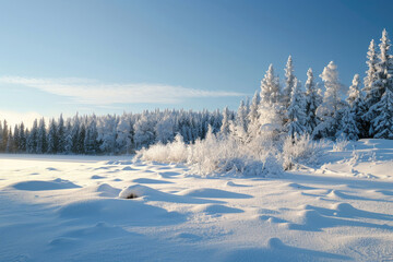 A serene landscape covered in fresh snow, with a clear sky and a sense of tranquility