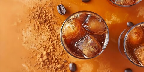 Delicious Iced Pumpkin Spice Cold Brew Coffee on an Orange Background: Isolated Shot. Concept Food Photography, Iced Coffee, Pumpkin Spice, Autumn Vibes, Orange Background