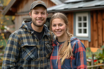 A man and a woman standing in front of a traditional wooden cabin in a scenic rural setting