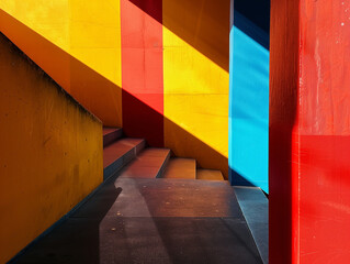 A vibrant, geometric interior space features bold red, yellow, and blue walls with stairs. Sunlight casts sharp, colorful shadows