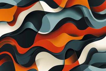 An abstract digital artwork features bold, flowing waves of color in shades of orange, teal, black, and white. The design is dynamic and layered