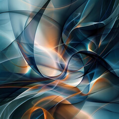 An abstract digital artwork features flowing, intertwined lines and curves in shades of blue, teal, and orange. The intricate design creates a sense of depth and movement