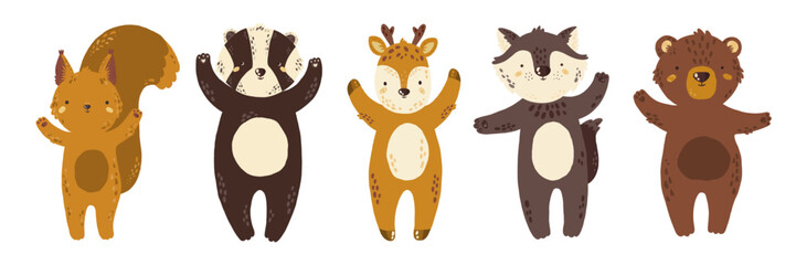 Vector illustration with forest animals. Badger, wolf, elk, deer, raccoon. Baby animals. Large set for clipart. Set of animals in cartoon style on a white background.
