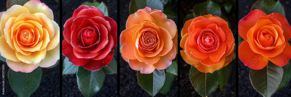 Aufkleber close-up view of roses in a row, showcasing a gradient of color from yellow to red