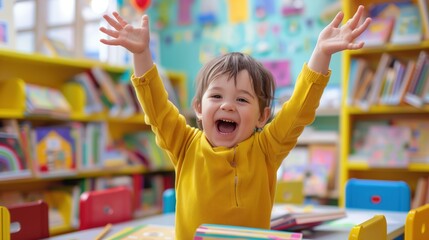 A joyful toddler in a colorful classroom, surrounded by books and learning materials, arms raised...