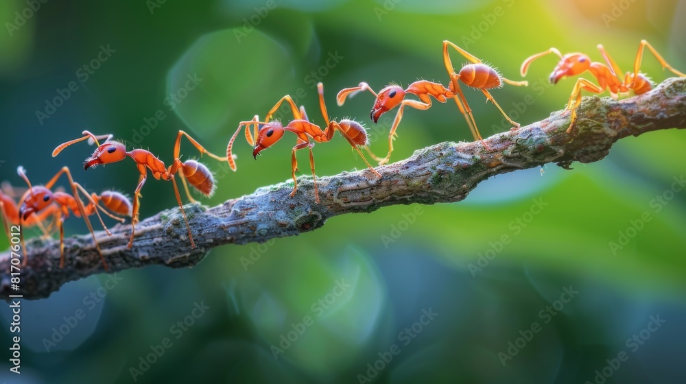 Poster close-up of a line of ants marching along a tree branch, showcasing their organized and cooperative 