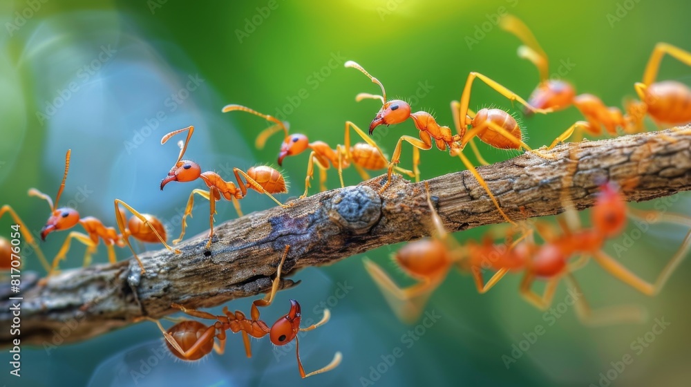 Aufkleber close-up of a line of ants marching along a tree branch, showcasing their organized and cooperative 