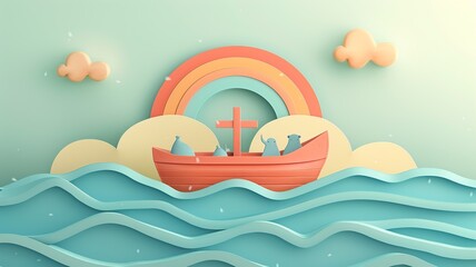 A minimalist illustration of Noah's Ark featuring clean lines, iconic animal pairs, and a soft wave pattern in the background, capturing the essence of the biblical story with simplicity and elegance