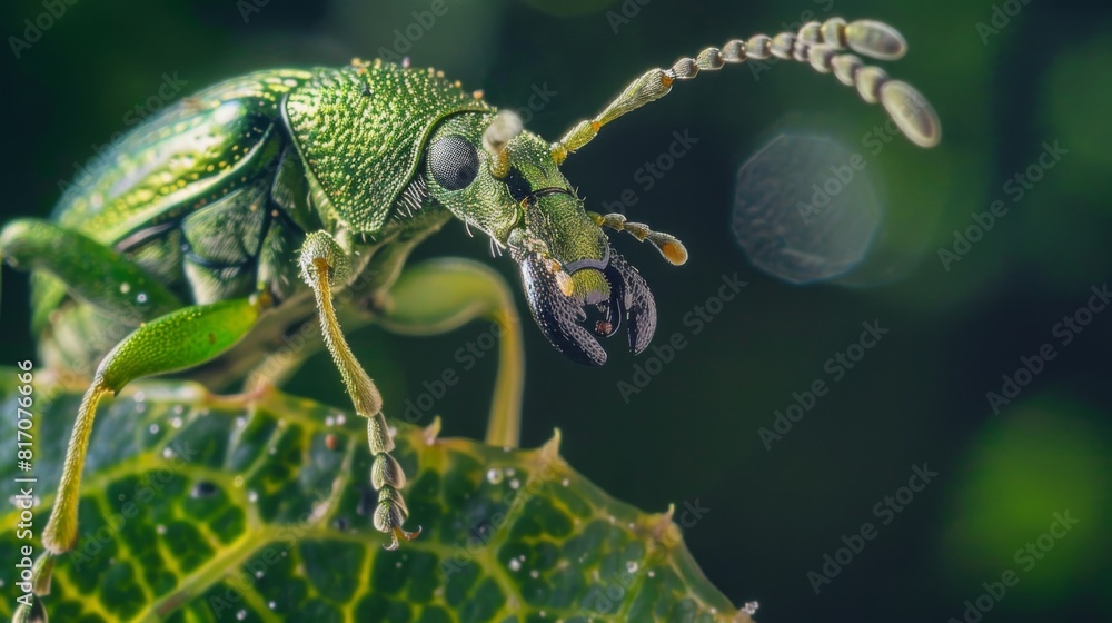 Poster close-up of a weevil on a leaf, with its long snout and textured body visible.
