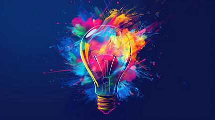 A vibrant light bulb bursts with colorful paint splashes against a dark blue backdrop.