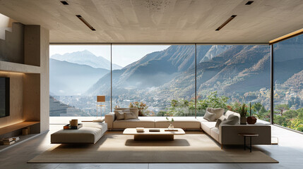 Fototapeta premium A modern living room with large windows showcasing a scenic mountain view. The room is furnished with a sectional sofa, a coffee table, and an area rug