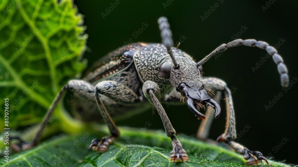 Poster close-up of a weevil on a leaf, with its long snout and textured body visible.