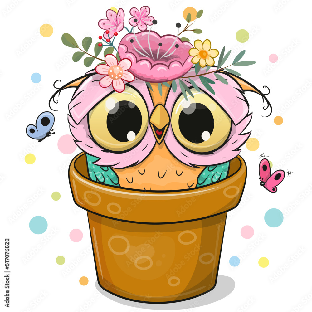 Sticker cartoon owl in a brown flower pot