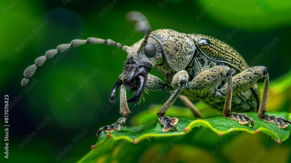 Poster close-up of a weevil on a leaf, with its long snout and textured body visible.