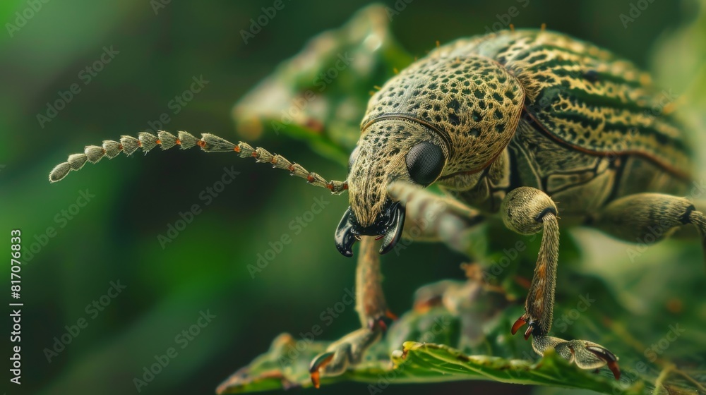 Poster close-up of a weevil on a leaf, with its long snout and textured body visible.