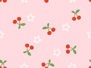 Seamless pattern with red cherry fruit and star on pink background vector. Cute fruit print.
