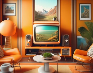 An orange 70s living-room building with a view of nature