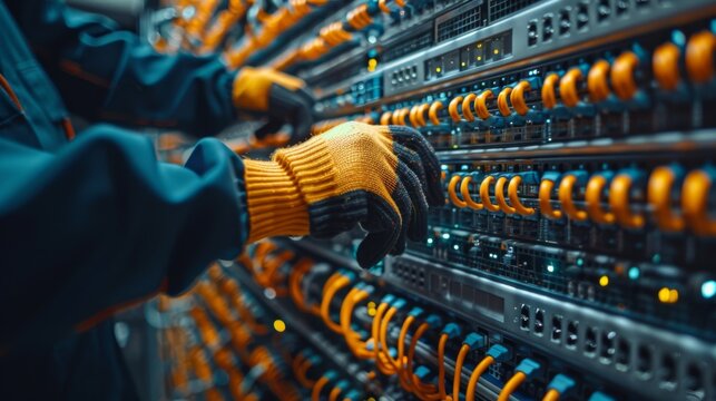 Technician installing new hardware in a cloud data center with organized cable management
