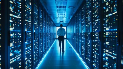 Obraz premium Technician configuring cloud storage solutions in a modern data center