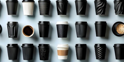 Top view of various black coffee paper cups isolated on white. Concept Coffee Cups, Top View, Black Paper, Isolated, White Background