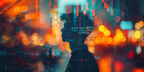 Silhouette of a businessman overlaid with dynamic financial charts and market trends in a double exposure style